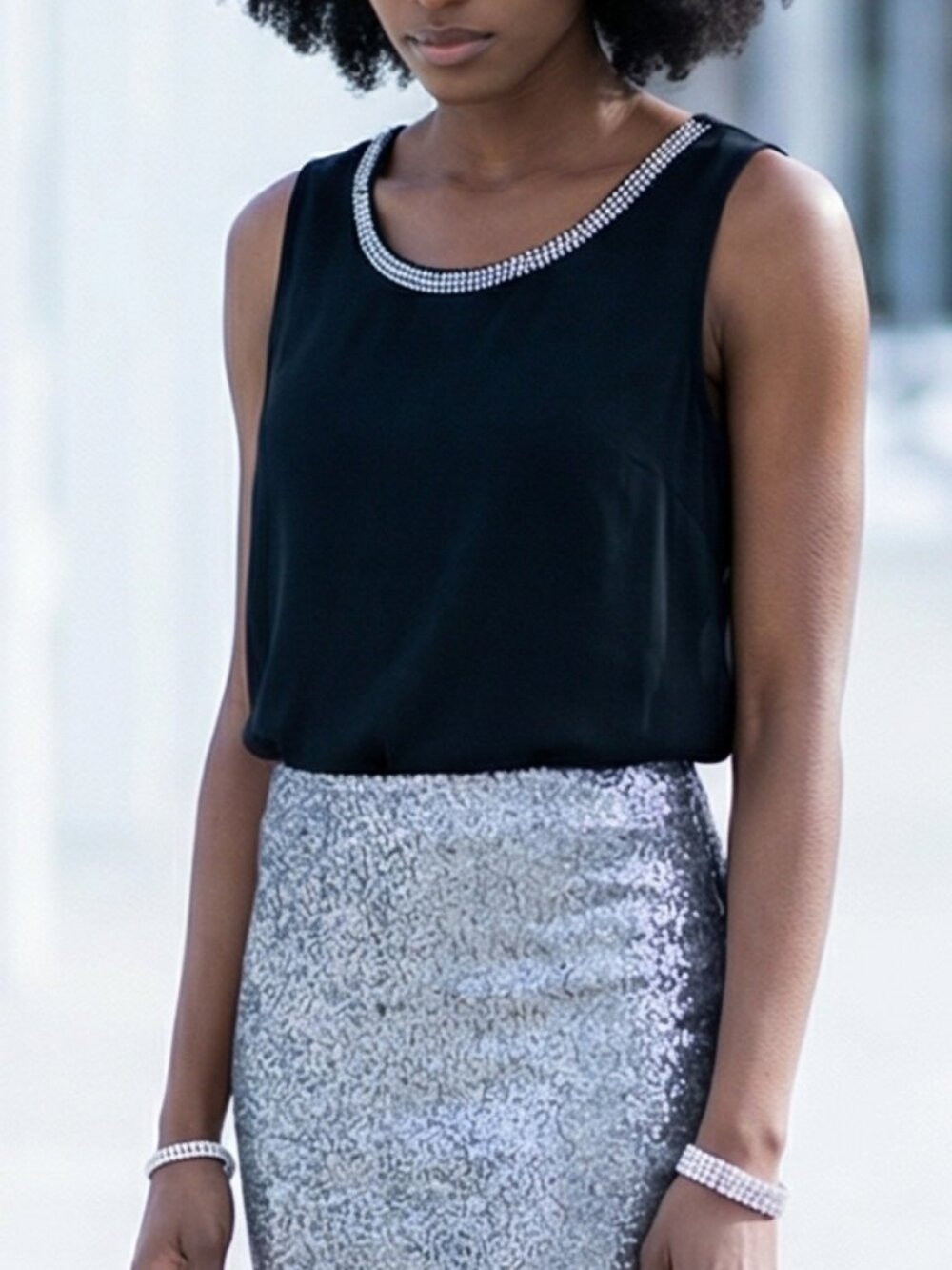 Apt. 9 Sleeveless Black Pullover Blouse Embellished Neckline Sparkly Size XL
